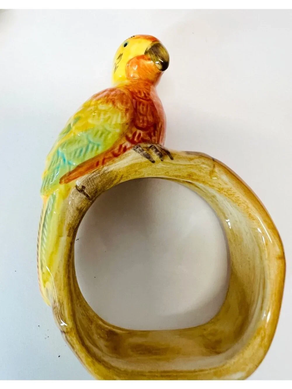 Retro 1980s Ceramic Parrot Napkin Rings & Bamboo Caddy Set MCM Tropical Decor